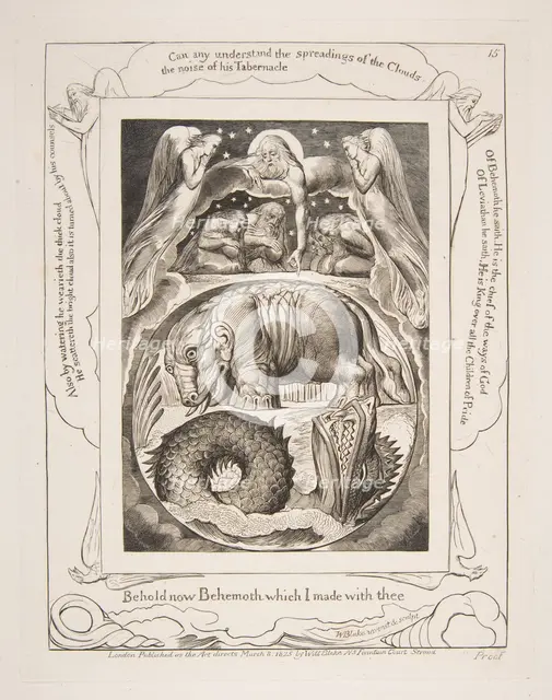 Behemoth and Leviathan, from Illustrations of the Book of Job, 1825-26. Creator: William Blake.