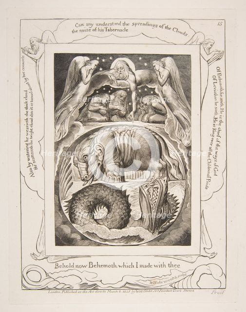 Behemoth and Leviathan, from Illustrations of the Book of Job, 1825-26. Creator: William Blake.