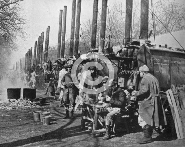 'Behind French lines, Field kitchens attached to the French army', 1915. Artist: Unknown.