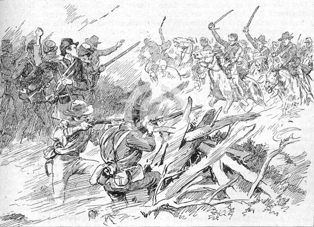 'Behind The Rough Breastworks Lay The Michigan Men', 1902. Artist: Unknown.