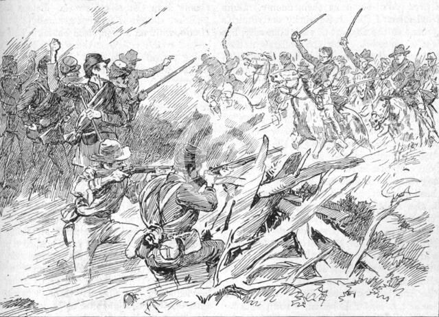 'Behind The Rough Breastworks Lay The Michigan Men', 1902. Artist: Unknown.