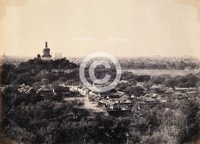 Beijing, China: the Buddhist temple surrounded by gardens and low buildings, during the..., 1860. Creator: Felice Beato.
