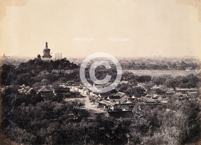 Beijing, China: the Buddhist temple surrounded by gardens and low buildings, during the..., 1860. Creator: Felice Beato.