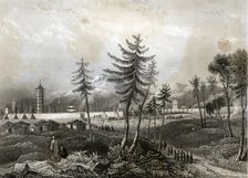 Beijing, illustration with temples and the city, engraving, 1855