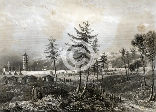 Beijing, illustration with temples and the city, engraving, 1855.
