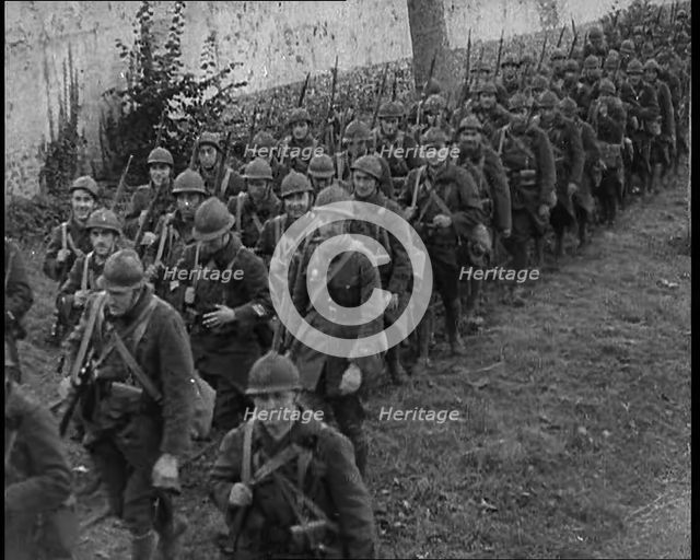 Belgian Army Marching in Full Retreat, 1940. Creator: British Pathe Ltd.