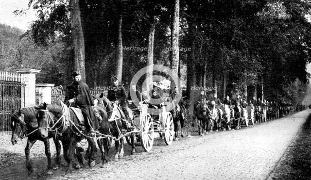Belgian artillery avoiding German Taube planes, First World War, 1914. Artist: Unknown