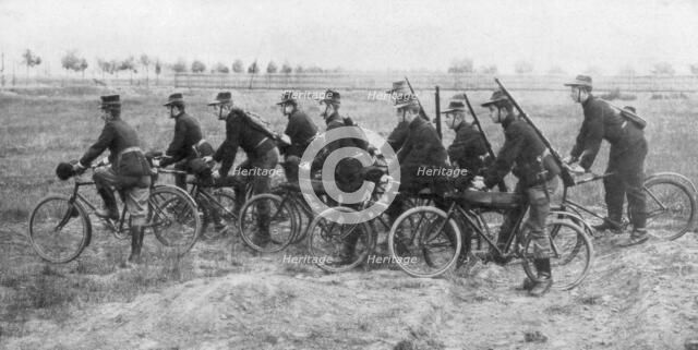 Belgian bicycle troops in Haelen, Belgium, August 1914.Artist: Montigny