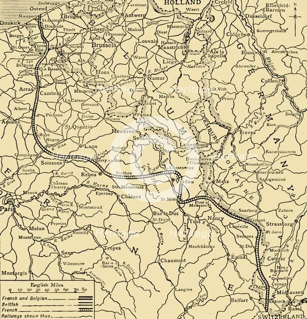 Belgian, British and French positions, First World War, 1915, (c1920). Creator: Unknown.