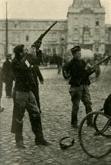 Belgian military cyclists shooting at a German plane, First World War, 1914-1918, (c1920). Creator: Unknown
