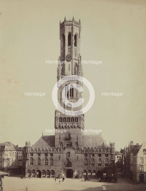 Belfry above the market hall (Cloth Hall) from the northwest from the Markt, Bruges, 1880-1890.  Creator: Unknown.