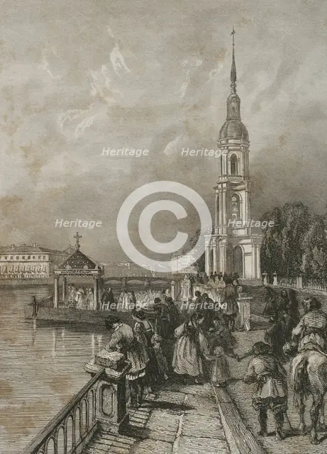 Bell tower of St. Nicholas Naval Cathedral, Saint Petersburg, Russia, 1839.  Creator: Hippolyte Lalaisse.
