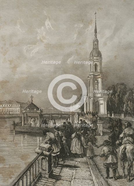 Bell tower of St. Nicholas Naval Cathedral, Saint Petersburg, Russia, 1839.  Creator: Hippolyte Lalaisse.