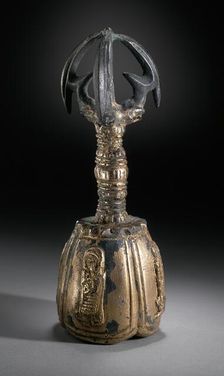 Bell with Four Deva Kings (Sach'onwang) and Handle in the Form of a Vajra (Kumgang), the Buddhist... Creator: Unknown