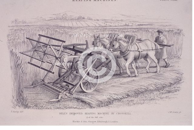 Bell's improved reaping machine by Crosskill, c1840s.  Creator: Joseph Wilson Lowry.