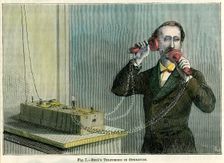 Bell's telephone in operation late 19th century.Artist: Gilbert