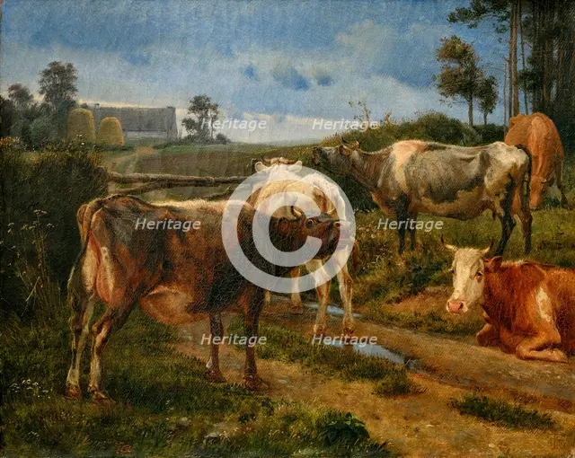 Bellowing cows by the fence gate, 1847. Creator: Johan Thomas Lundbye.
