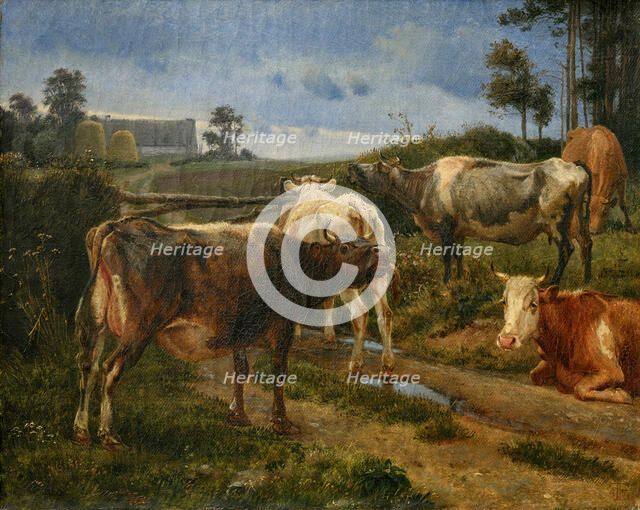 Bellowing cows by the fence gate, 1847. Creator: Johan Thomas Lundbye.