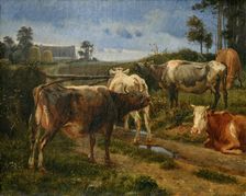 Bellowing cows by the fence gate, 1847. Creator: Johan Thomas Lundbye