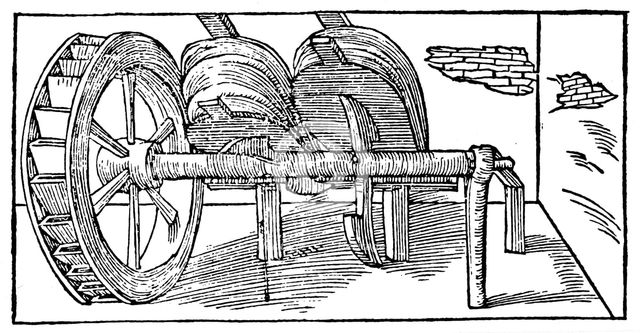 Bellows operated by a camshaft powered by a water wheel, 1540. Artist: Unknown