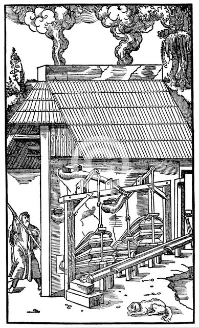Bellows supplying draught to a smelting furnace, 1556. Artist: Unknown