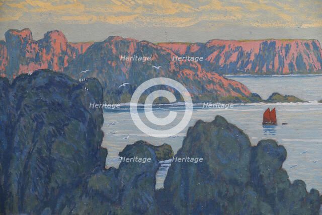 Belle-Île-en-Mer, Voilier rouge à Goulphar, ca 1895-1896. Creator: Auburtin, Jean Francis (1866-1930).