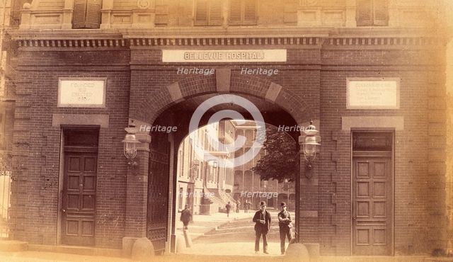 Bellevue Hospital, New York City: the entrance gateway. Creator: Unknown.