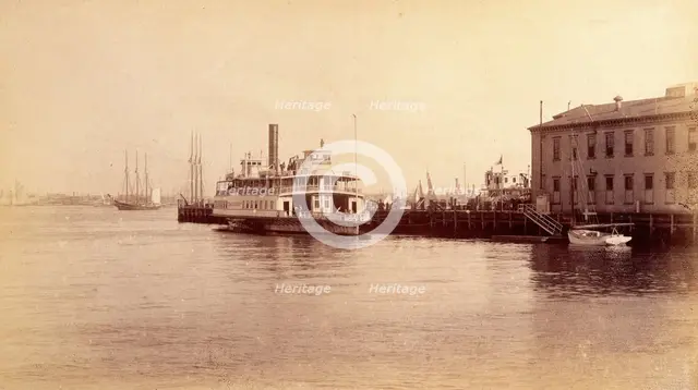 Bellevue Hospital, New York City: a quay on the East River near the hospital, with..., 1885-1898. Creator: Unknown.
