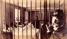 Bellevue Hospital, New York City: male patients (criminal insane?) in bed in ward, prison bars in... Creator: Unknown