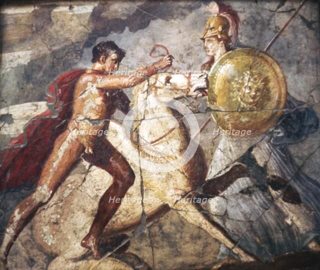 Bellerophon and Pegasus, Roman Wallpainting from Pompeii, 1st century.  Creator: Unknown.