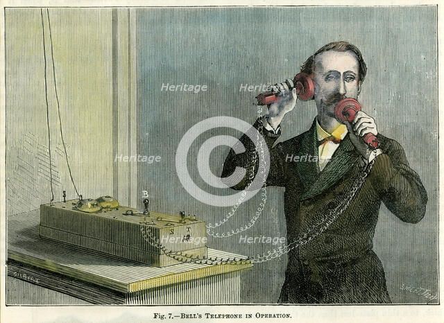 'Bell's telephone in operation', late 19th century.Artist: Gilbert