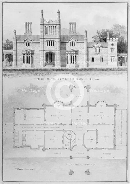Belmead, for Philip St. George Cocke, Powhatan Co., Virginia (elevation and plan), 1845. Creator: Alexander Jackson Davis.