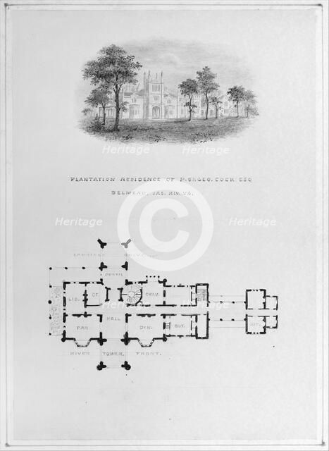 Belmead, James River, Virginia (vignette of riverside elevation and plan), ca. 1850. Creator: Alexander Jackson Davis.