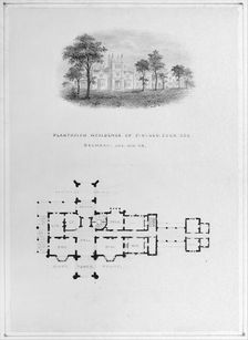Belmead, James River, Virginia (vignette of riverside elevation and plan), ca. 1850. Creator: Alexander Jackson Davis