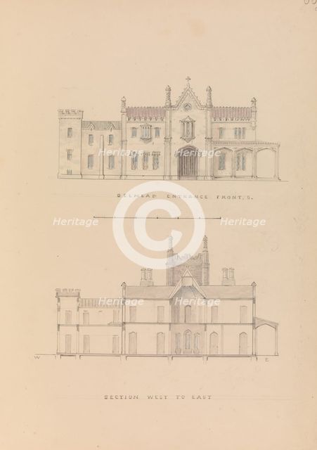 Belmead, James River, Virginia: Entrance façade and west-east section (recto)..., 1845. Creator: Alexander Jackson Davis.