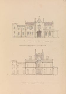 Belmead, James River, Virginia: Entrance façade and west-east section (recto)..., 1845. Creator: Alexander Jackson Davis