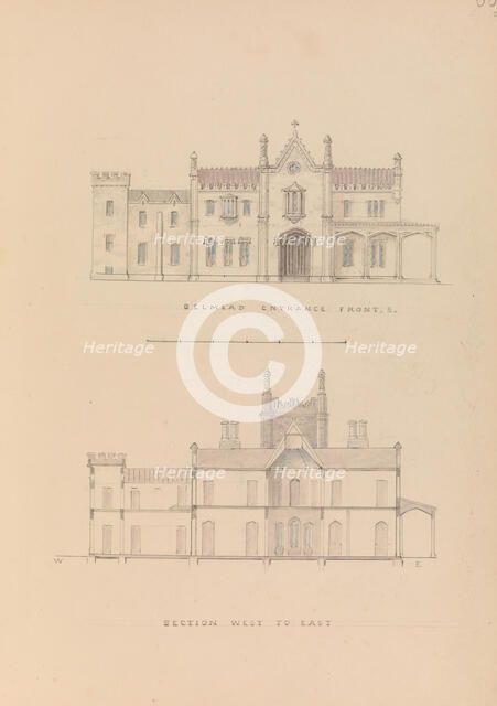 Belmead, James River, Virginia: Entrance façade and west-east section (recto)..., 1845. Creator: Alexander Jackson Davis.