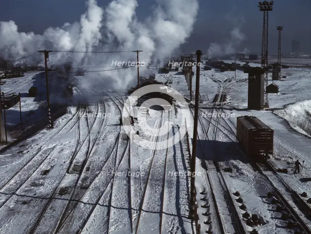 Belt Railway, looking toward the west yard of clearing yard, from bridge of hump, Chicago, Ill, 1943 Creator: Jack Delano.