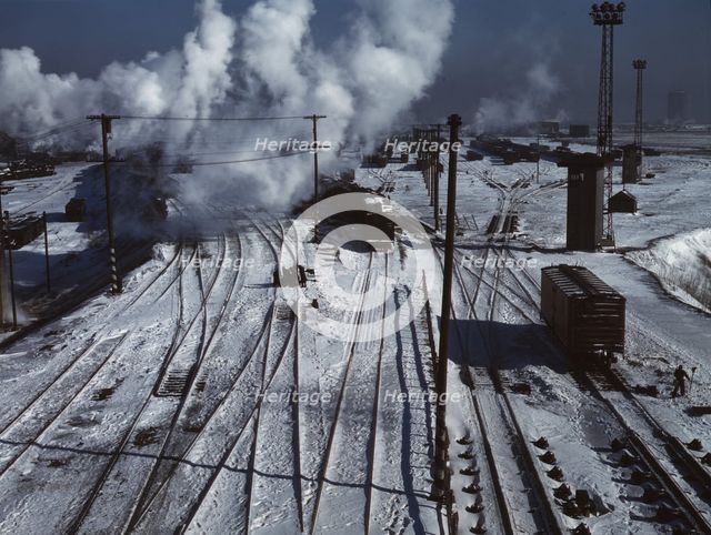 Belt Railway, looking toward the west yard of clearing yard, from bridge of hump, Chicago, Ill, 1943 Creator: Jack Delano.