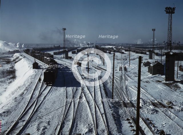 Belt Railway, looking toward the west yard of clearing yard, from bridge of hump, Chicago, Ill, 1943 Creator: Jack Delano.