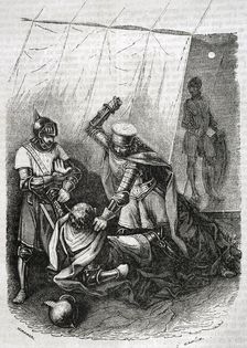 Beltrán Duguesclín and the king's half-brother, Enrique de Trastámara, stabbing King Pedro..., 1852. Creator: Tomás Carlos Capuz