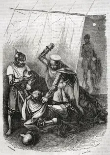 Beltrán Duguesclín and the king's half-brother, Enrique de Trastámara, stabbing King Pedro..., 1852. Creator: Tomás Carlos Capuz