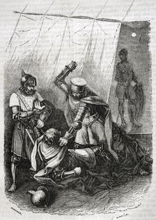 Beltrán Duguesclín and the king's half-brother, Enrique de Trastámara, stabbing King Pedro..., 1852. Creator: Tomás Carlos Capuz
