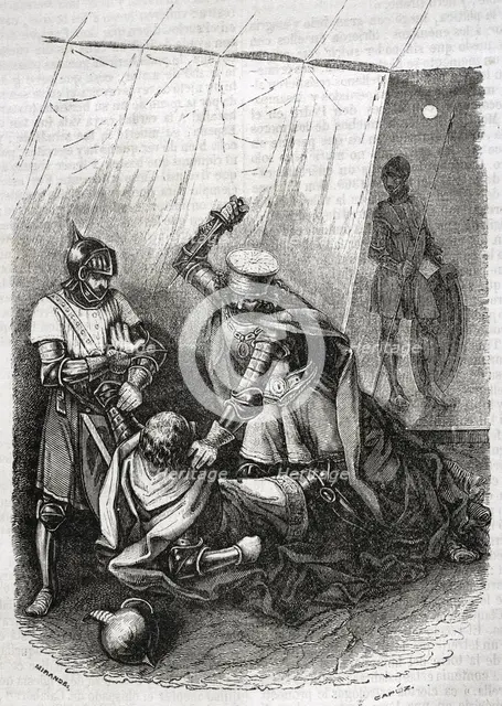 Beltrán Duguesclín and the king's half-brother, Enrique de Trastámara, stabbing King Pedro..., 1852. Creator: Tomás Carlos Capuz.
