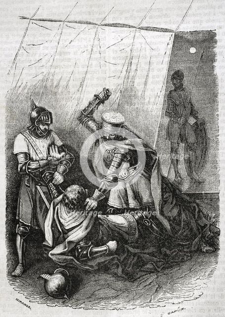 Beltrán Duguesclín and the king's half-brother, Enrique de Trastámara, stabbing King Pedro..., 1852. Creator: Tomás Carlos Capuz.