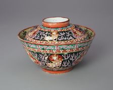 Bencharong (Five-Colored) Ware Covered Bowl with Thai Motifs, 18th century. Creator: Unknown