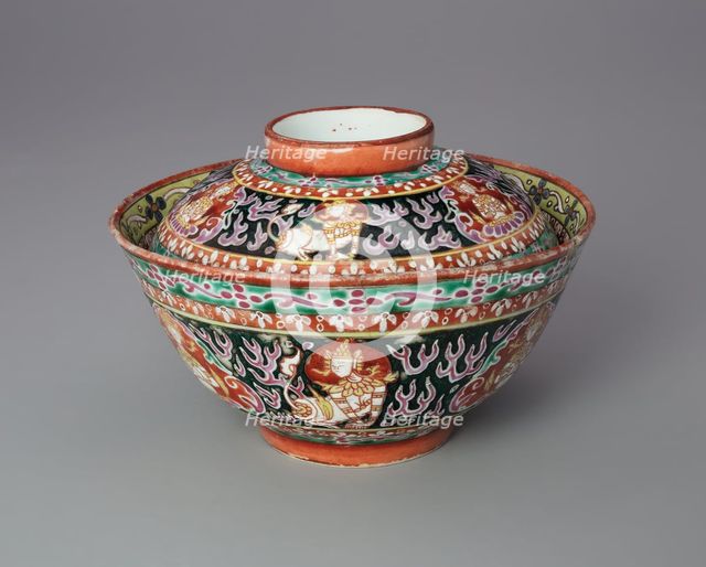 Bencharong (Five-Colored) Ware Covered Bowl with Thai Motifs, 18th century. Creator: Unknown.