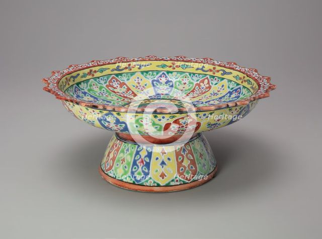 Bencharong (Five-Colored) Ware Stem Plate with Foliate Rim, 19th century. Creator: Unknown.