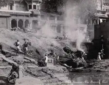 Benares (Varanasi), Uttar Pradesh: corpses being burned and consigned to the river..., [1800-1899?]. Creator: Unknown
