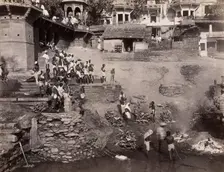 Benares (Varanasi), Uttar Pradesh: corpses being burned and consigned to the river Ganges, 19th cent Creator: Unknown